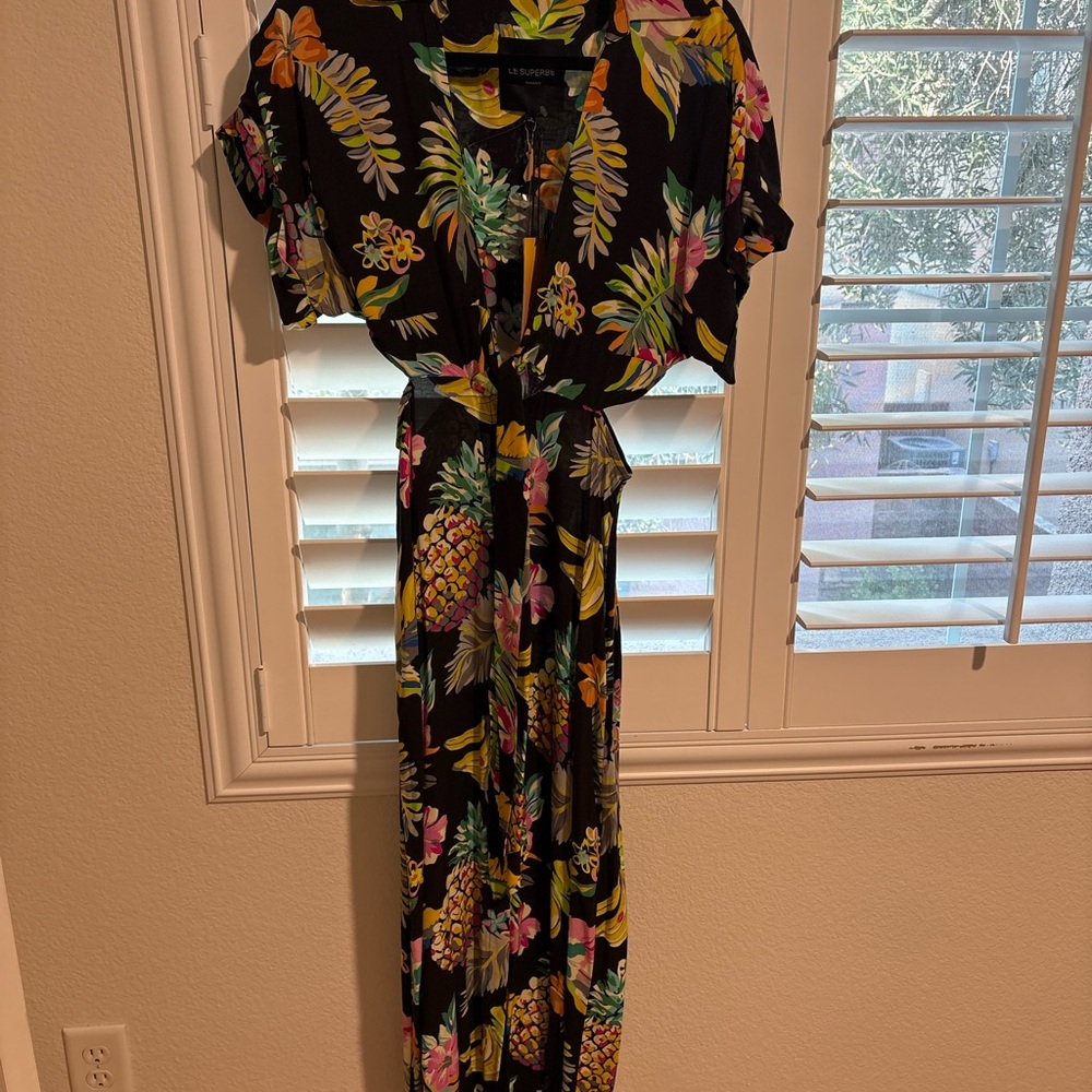 LE SUPERBE Tropical Floral Button-Up Shirt - Black with Yellow & Green